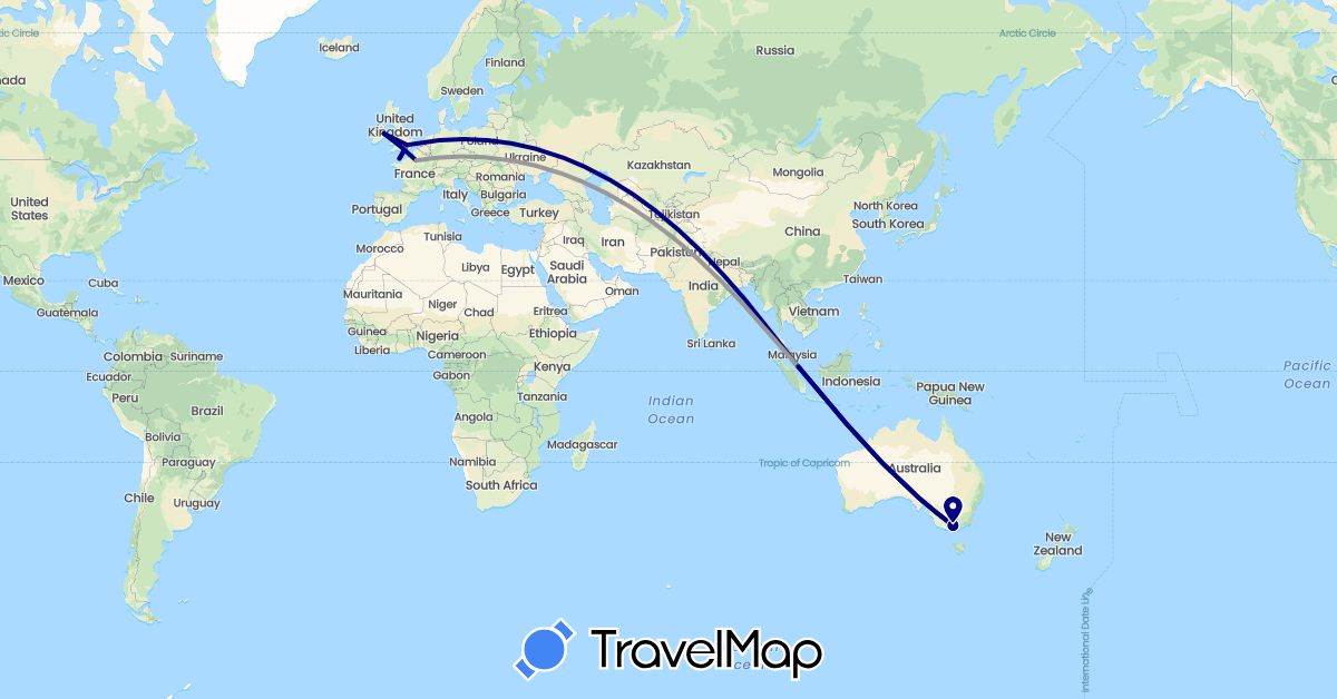 TravelMap itinerary: driving, plane, train in Australia, France, United Kingdom, Ireland, Jersey, Singapore (Asia, Europe, Oceania)